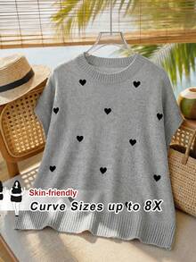 SHEIN CURVE+ 大码女式爱心图案圆领休闲针织毛衣，秋冬女式套头衫，可爱女式上衣，印花毛衣上衣 - 灰色 - 查看 8