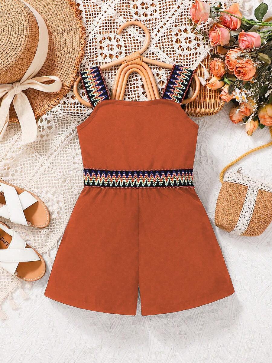 Young Girl Summer Vacation Patchwork Strap Jumpsuit - Brown - View 1