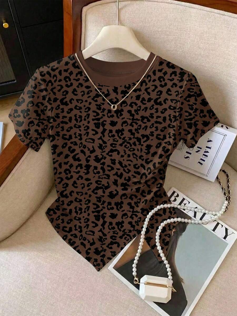 Camiseta ajustada de cuello redondo versátil de ajuste ceñido con estampado de leopardo, nueva llegada primavera/verano para mujer - Multicolor - Ver 1