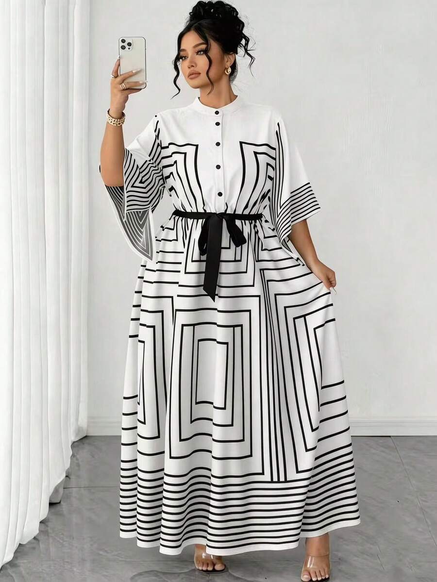 Elenzga 大码春夏立领开襟中袖几何黑白条纹印花A字收腰显瘦长袖优雅OL新款黑色连衣裙 - 白色 - 查看 1