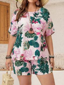 EMERY ROSE Plus Size Tropical Print Top And Shorts Set, Casual Summer Holiday Outfit - Pink - View 3