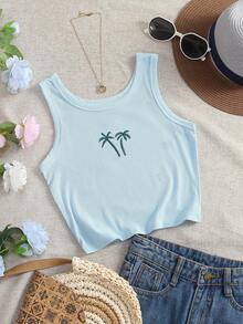 INAWLY Women's Coconut Tree Embroidered Tank Top, Beach Holiday Casual Round Neck Sleeveless Top - Baby Blue - View 5