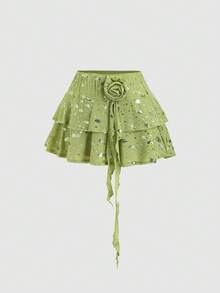 Sweetra Women's Summer New Elegant Fashion Sequins Ruffle Double-Layer Skirt With 3D Flower Ribbons, Casual Vacation Y2K Mini Green Skirt, Spring/Summer Double-Layer Ruffle Sequins A-Line Mini Skirt - Green - View 3