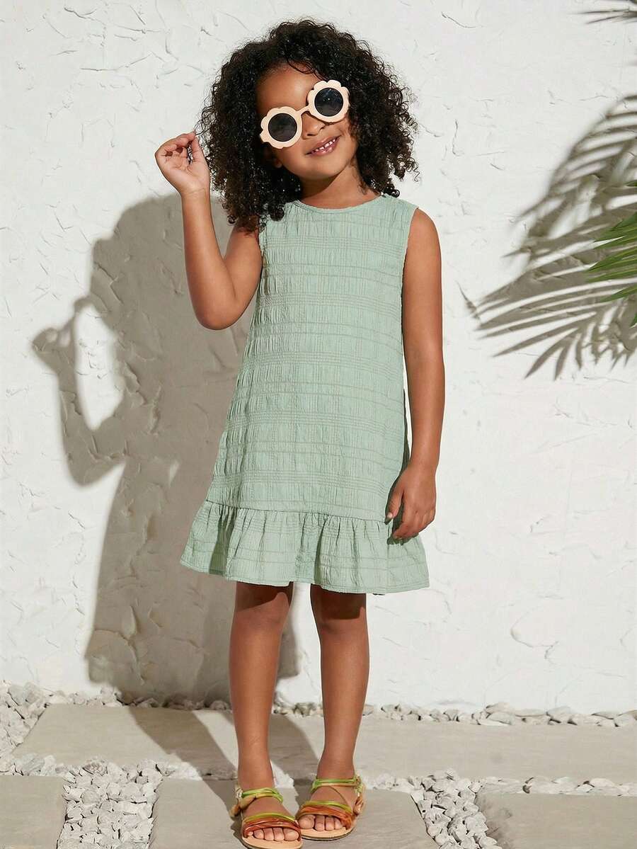 Young Girl Vacation Casual Fashionable Woven Solid Color Sleeveless Dress,Kids - Mint Green - View 1