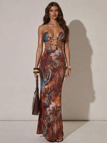 SHEIN BAE Women's Casual Beach Vacation Sexy Pattern Beaded Decor Dress, Suitable For Beach Vacation, Beach Casual Occasions, Sisters Vacation Dress, Sexy Dress, Patterned Dress Boho Wedding Guest Dress Maxi Vacation Dress - Brown - View 4