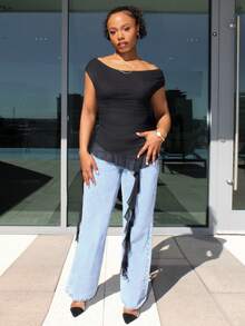 Steph T 女士休闲街头风音乐节露肩网纱荷叶边不对称下摆无肩带上衣，情人节 - 黑色 - 查看 5