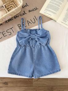 LMoss Kids Baby Girls' Oversized Bow Denim Jumpsuit,Summer Outfits,Casual And Fashionable Vacation Outfits,Street Wear,2000s Style ,Comfortable And Soft Denim,Comfortable And Soft Denim Pant,  Overall - Light Wash - View 1