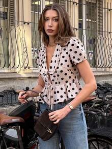 Pariaura Women's Casual Polka Dot Tie Front Short Sleeve Blouse - Apricot - View 5