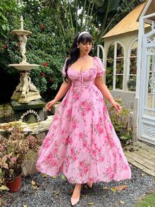 Lyrianda Plus Size Elegant Chiffon Printed Dress - Pink - View 8