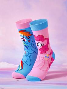 My Little Pony X SHEIN 3双装不对称袜子，柔软透气吸湿，休闲不对称设计，中筒袜，甜美卡通图案，时尚可爱糖果色，女士及女孩袜子，加固趾部和脚跟，经久耐穿，四季皆宜，百搭夏季冬季，图案袜子，Y2K风格，糖果色。 - 彩色 - 查看 9