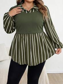 SHEIN CURVE+ 大码女式条纹拼接翻领长袖休闲衬衫，秋冬款 - 軍綠色 - 查看 4