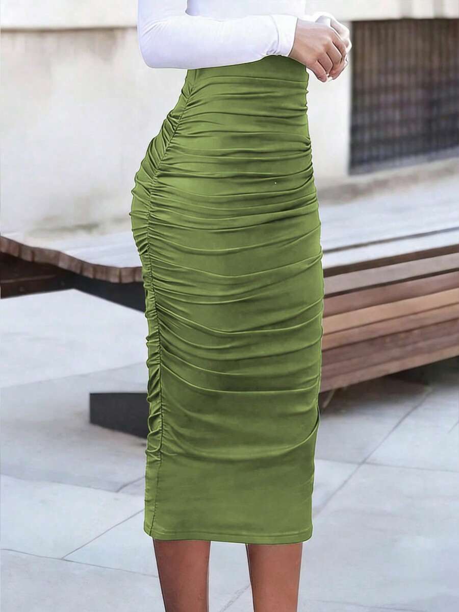 INAWLY Women's Olive Green Solid Color Ruched Bodycon Mini Skirt - Olive Green - View 1