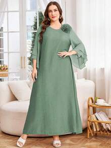 Lacomfia Plus Size Women Solid Color Chiffon Patchwork Modest Casual Dress Fall - Mint Green - View 5