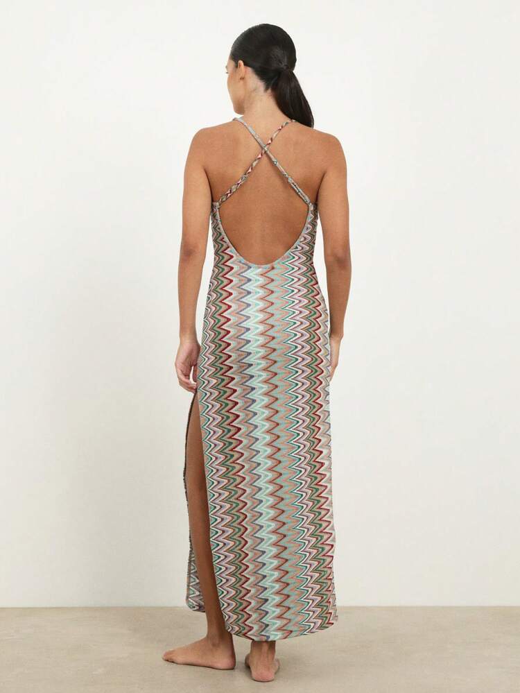 KSTM Halter Neck Zig Zag Print Maxi Dress With Cross Back Straps And Side Slit For Summer Beach Vacation