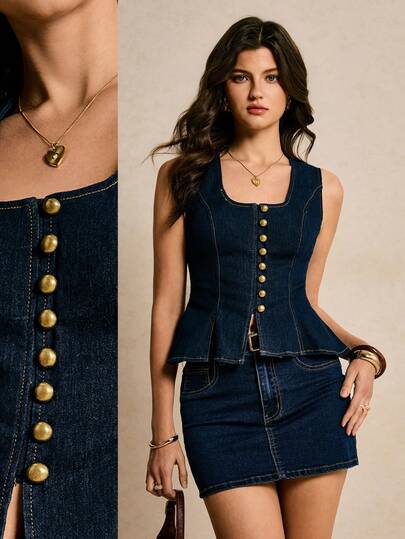 Poéselle 女士休闲日常通勤单排扣方领荷叶边下摆牛仔背心，夏季