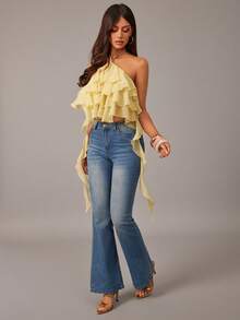 Radiana 女士优雅浪漫荷叶边雪纺衬衫，柔和黄色，迷人飘逸的网纱荷叶边吊带背心，适合约会、聚会、下午茶、生日、派对、鸡尾酒会、俱乐部、海岛度假、海滩、假日等场合。 - 鵝黃色 - 查看 5