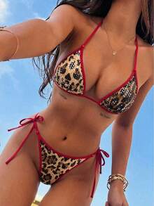 Swim Vcay 2026春夏红色吊带露背亮片豹纹拼接红色串珠泳衣两件套，适合海滩派对、性感度假 - 彩色 - 查看 1