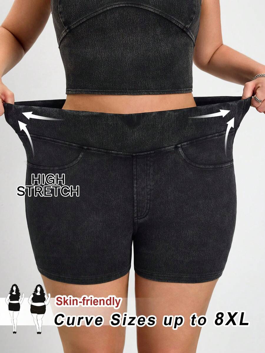 SHEIN CURVE+ Short en jean noir taille haute extensible coupe slim, décontracté, pour l'été. Convient pour les occasions décontractées, les vacances, les sorties, les fêtes et les mariages. - Noir - Voir 1
