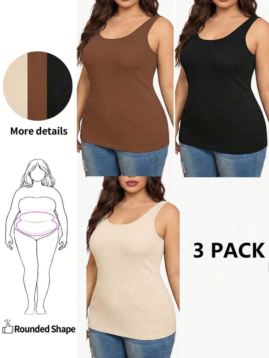 Enliva Áo tank top cỡ lớn dành cho nữ, 3 món, màu đen, cà phê, mơ, phối trong, áo mùa hè xuân, phù hợp với dáng người quả táo và tròn trịa.