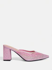 CUCCOO TILAWA Women's Fashionable Party Rhinestone Chunky Heel Pumps - Pink - View 2