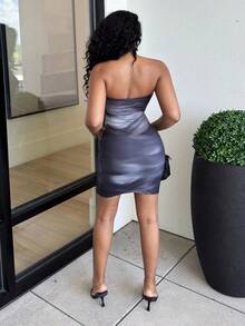 Alexandranx 休闲优雅性感抽象图案棕色咖啡性感全印花抹胸紧身休闲夏装，适合夏季、度假、派对 - 深灰色 - 查看 2