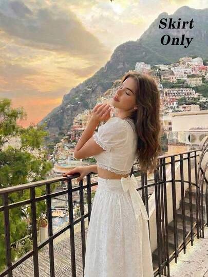 SHEIN MOD Women's Summer Minimalist Solid Color Hollow Embroidered Pleated Skirt, Summer Outfits, Elegant, Tea Party Skirt, Boho Outfits, Beach Outfits, Going Out, , Romantic, Garden, Afternoon Tea, Vintage, Retro, Country Outfits, Holiday Outfits, White Eyelet Bowknot Waist A-Line Skirt Elegant Midi Length Floral Embroidered Skirt Summer Fashion