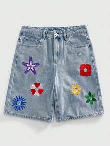 ROMWE MEN Men's Loose Straight Casual Washed Floral Embroidery Denim Shorts - Blue - View 1