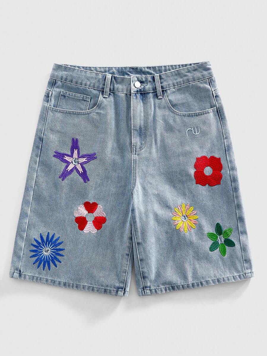 ROMWE MEN Men's Loose Straight Casual Washed Floral Embroidery Denim Shorts - Blue - View 1