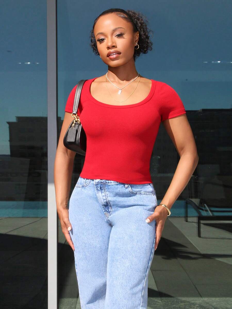 Steph T Solid Color Ribbed Knit Cropped Slim Fit Short Sleeve T-Shirt Summer - Red - View 1