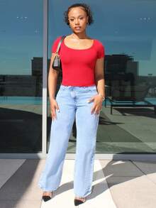 Steph T Solid Color Ribbed Knit Cropped Slim Fit Short Sleeve T-Shirt Summer - Red - View 4