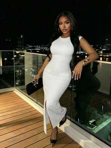 Slaydiva 早春新款、春夏音乐节、情人节、复活节、波西米亚风、游牧风、休闲风、简约基础风、邮轮派对、生日派对、日常约会、休闲度假、优雅通勤、花园、袖套、假口袋套、装饰、前中高开衩至大腿、白色连衣裙、女士长裙 -A - 白色 - 查看 1