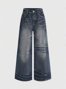 ROMWE Grunge Punk Quần jeans ống rộng cạp siêu thấp in hình cánh chim phong cách Y2K cổ điển dành cho nữ. - Màu xanh lam - Xem 2