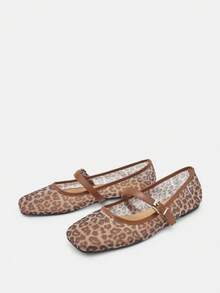 豹纹网眼透气女士平底凉鞋，玛丽珍芭蕾平底鞋，轻便舒适方头镂空休闲一脚蹬鞋 - 棕色 - 查看 4