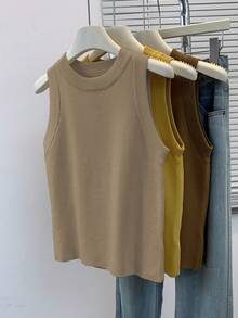 SHEIN 女士纯色圆领休闲百搭日常针织上衣 - 卡其色 - 查看 5