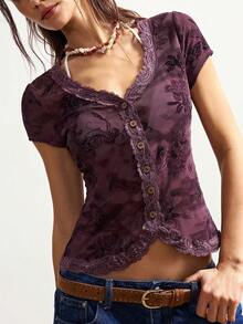 Bohemela Áo thun nữ tay ngắn cổ chữ V ôm dáng, màu trơn, phong cách BOHO, thích hợp cho kỳ nghỉ hè, đi nghỉ mát. - Màu tím - Xem 6