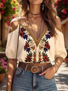 SHEIN 女士时尚露肩V领半袖弹力袖口印花宽松度假罩衫 - 彩色 - 查看 6