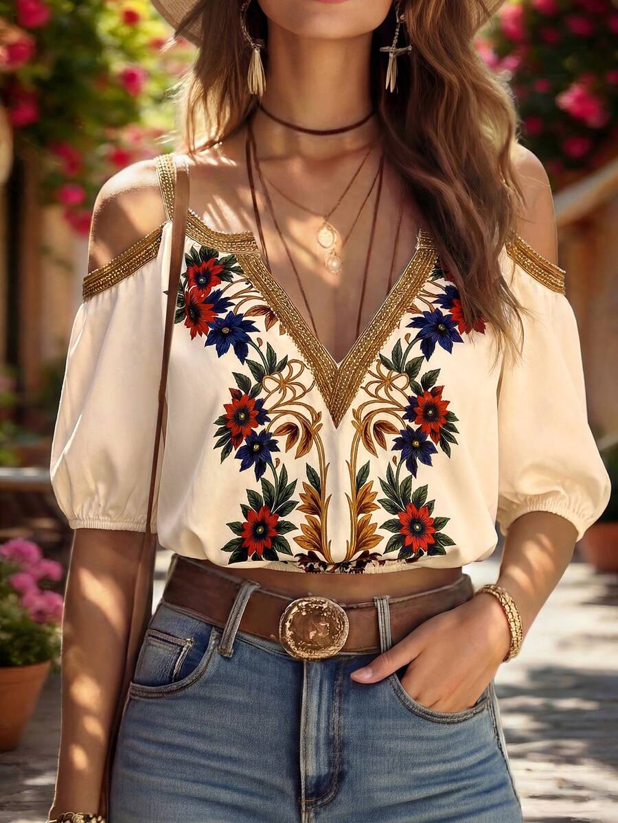 SHEIN Women's Fashion Open Shoulder V-Neck Half Sleeve Elastic Cuff Print Loose Fit Vacation Cover Up - Multicolor - View 1