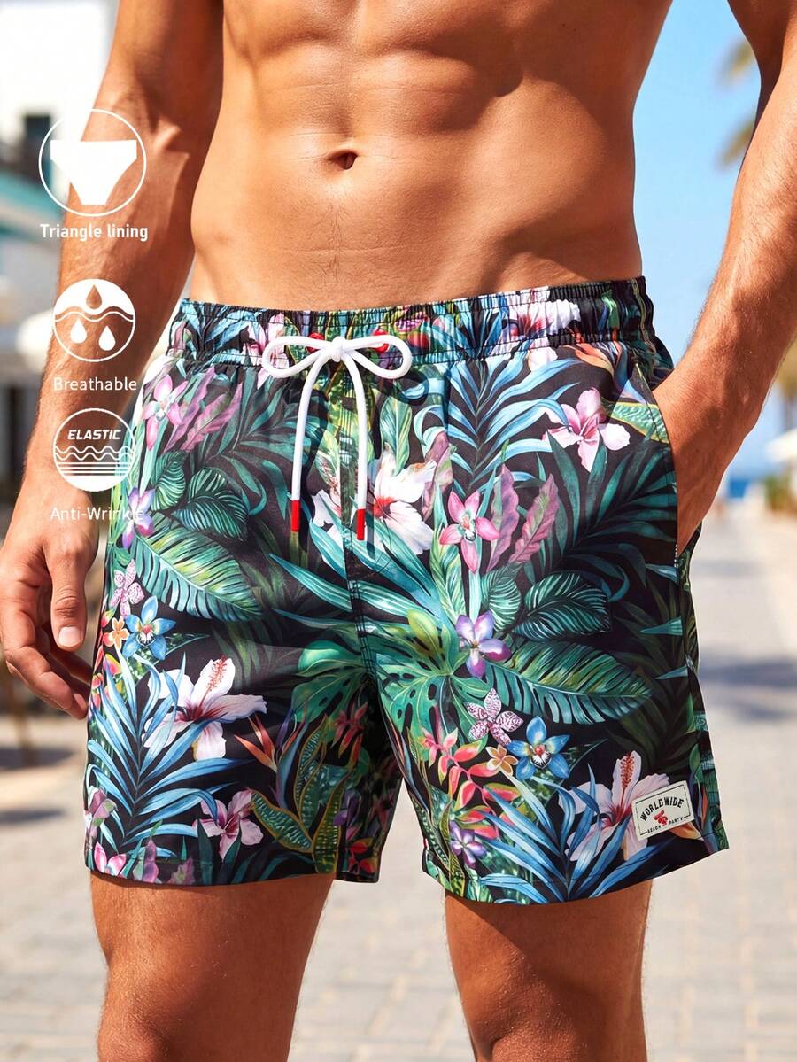 Horizaway Quần short đi biển nam mùa hè in họa tiết cây nhiệt đới, cạp chun. - Màu xanh lá cây đậm - Xem 1