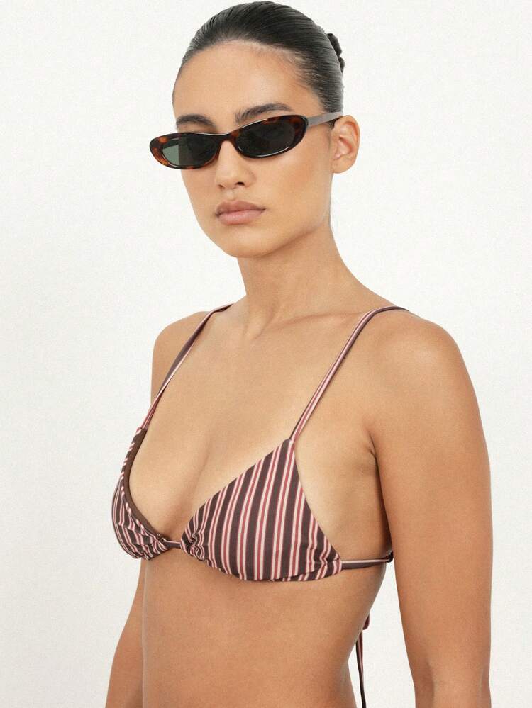 KSTM Women's Brown Pink Striped Triangle Bikini Top With Spaghetti Straps Cross Back Tie Beach Summer Swimwear Vacation Resort Beachwear