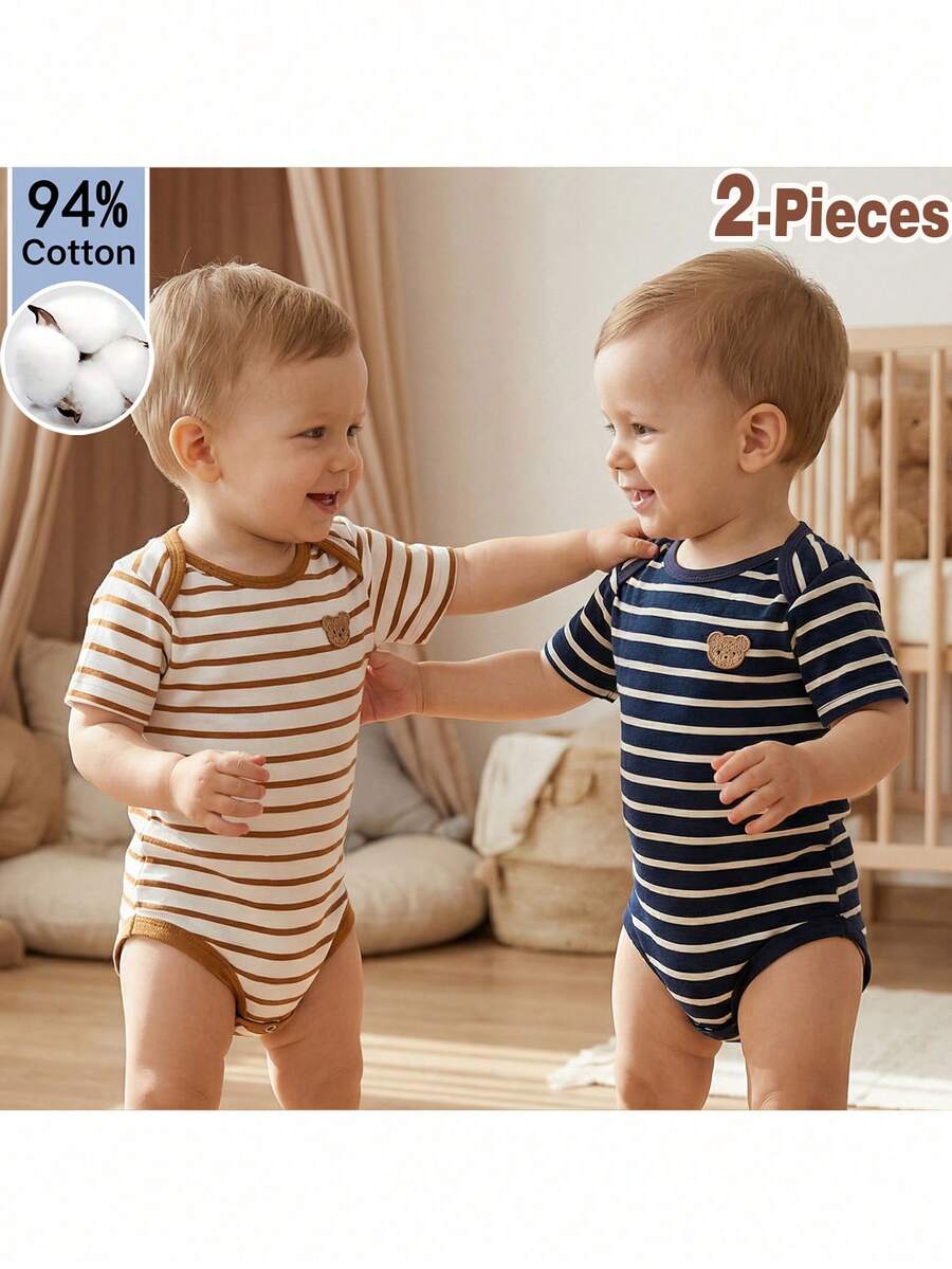 Loomiva 2pcs Baby Boy Cartoon Bear Print Striped Round Neck Short Sleeve Romper Set Toddler Bodysuits Unisex Baby Clothes Summer Baby Outfits Baby Graphic Boys 2pcs Baby Boy Bodysuits - Multicolor - View 1