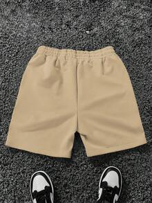 Manfinity Homme Quần short nam dáng rộng, họa tiết người ngoài hành tinh và chữ cái, cạp chun, có dây rút. - Màu Khaki - Xem 2