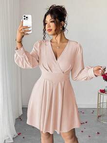 Vestido elegante de manga larga con cuello en V, cintura con lazo y falda acampanada para mujer de talla grande - Rosa vieja - Ver 3