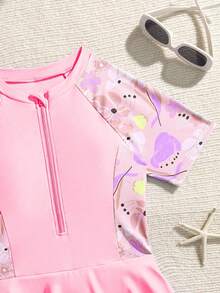 SHEIN 少女夏季休闲碎花连体泳衣 - 淺粉色 - 查看 4