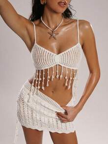 SHEIN BAE Romantic Vacation Hollow Pearl Braided Women Sweater Skirt - White - View 5