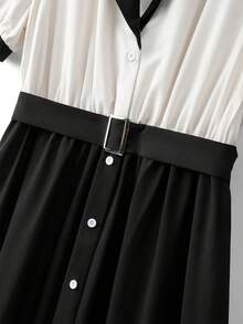 GlowEve CURVE 大码女式优雅撞色拼接衬衫领短袖连衣裙，单排扣金属纽扣腰部A字中长连衣裙，适合休闲、通勤和日常穿着 - 黑色 - 查看 6