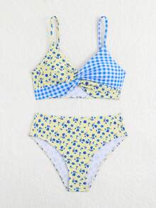 SHEIN 两件套少女格子碎花弹力速干舒适针织面料连体泳衣套装，适合游泳池、海滩、冲浪、度假、夏季旅行 - 彩色 - 查看 6