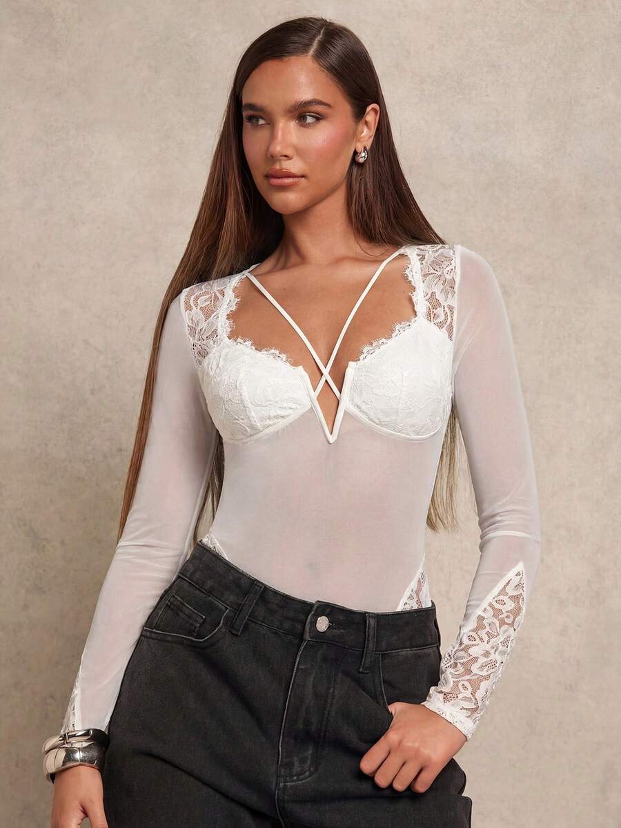 Glamine Body de mujer de moda, sexy, de encaje transparente y parches, de manga larga - Blanco - Ver 1