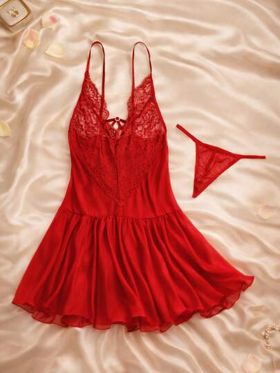 Conjunto de dos piezas para mujer, que incluye un camisón sexy de talla única con un diseño de cordón de color sólido en contraste, combinado con un tanga y un camisón cómodo. Lencería sexy.