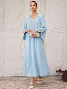 Al Najma Women's Floral Embroidery V-Neck Button Design Long Sleeve Loose Arabic Dress - Baby Blue - View 6