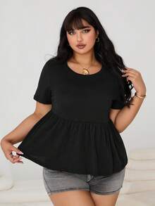 Enliva Women's Plus Size Round Neck Pure Cotton Doll Dress T-Shirt With A-Line Hem And Color Block Design, For Apple And Rounded Body Shape, For Summer - Black - View 6